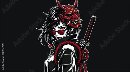 Japanese Oni Masked Woman with Katana Sword.