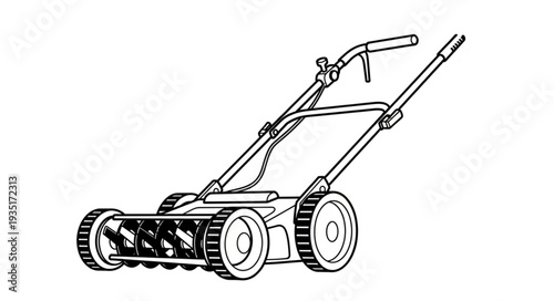 Detailed illustration of a manual push lawn mower, perfect for gardening and lawn care.