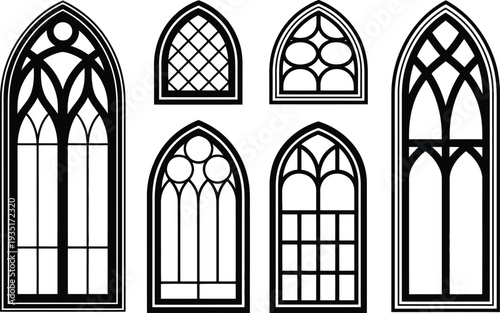 Set of gothic stained glass window designs in black and white