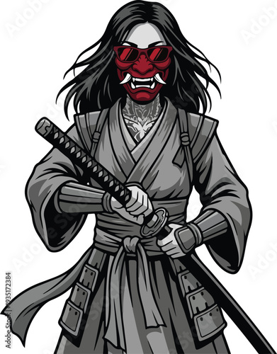 Samurai Warrior with Red Oni Mask and Katana Sword.