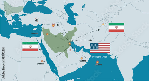Map illustrating the geopolitical and economic connections between Iran, the United States, and China, highlighting strategic locations and potential conflict zones in the Middle East.