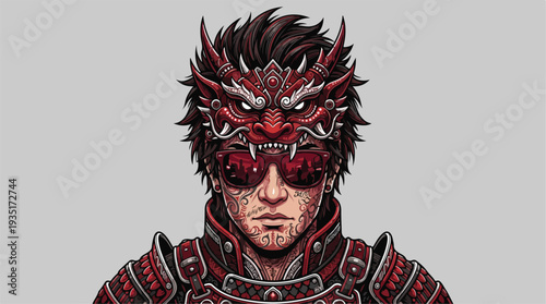 Warrior Wearing a Red Dragon Mask and Armor.