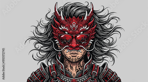 Intricate Dragon Masked Warrior with Flowing Hair.