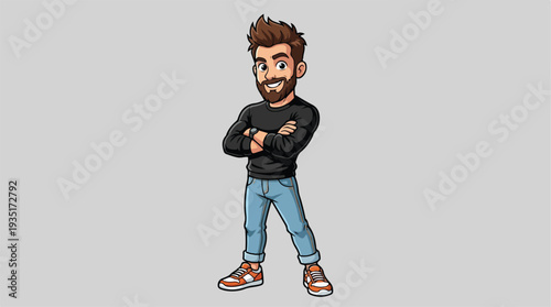 Cartoon Man Standing Confidently with Arms Crossed.