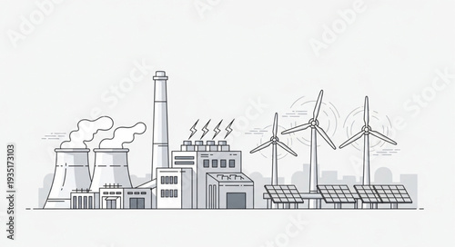 Industrial factory with wind turbines and solar panels illustration.