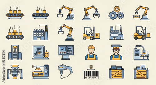 Industrial Factory Icons Set Automation Manufacturing Technology.