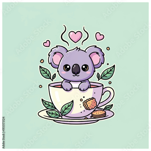 Cartoon Koala Sitting in Tea Cup.