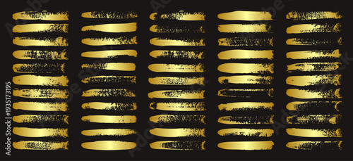 Golden brush strokes, lines, ink smudges, hand-drawn scribble shapes. Handmade sketchy marks, acrylic stains, charcoal streaks. Paint textures, dry brush effect. Marker underline. Vector illustration
