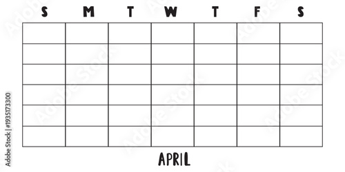 April Undated Calendar in Horizontal Format. Empty Monthly Grid 