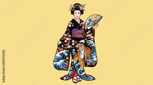 Traditional Japanese Woman in Kimono with Fan and Tiger Design.