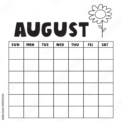 August Fillable Calendar Template. Late Summer Monthly Schedule with Sunflower.