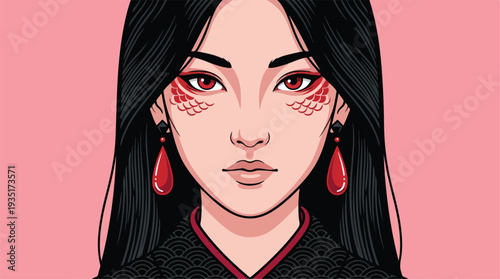 Illustration of a beautiful Asian woman with striking red eye makeup and long black hair.