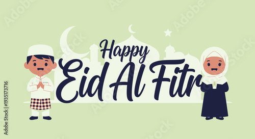 A vibrant Flat Design illustration showcasing two adorable cartoon children celebrating Eid, standing beside prominent 'Eid Mubarak' typography. 