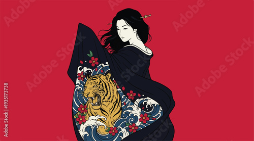 Elegant Geisha in Kimono with Tiger and Wave Design.