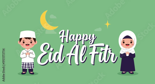 A vibrant Flat Design illustration showcasing two adorable cartoon children celebrating Eid, standing beside prominent 'Eid Mubarak' typography. 