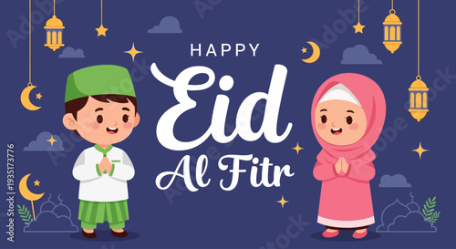 A vibrant Flat Design illustration showcasing two adorable cartoon children celebrating Eid, standing beside prominent 'Eid Mubarak' typography. 