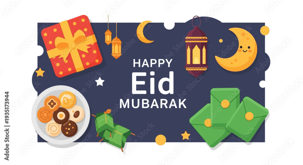 Naklejka premium A charming Flat Design illustration showcasing 'Happy Eid Mubarak' typography encircled by cute cartoon elements like gifts, sweets, and a traditional lantern. 