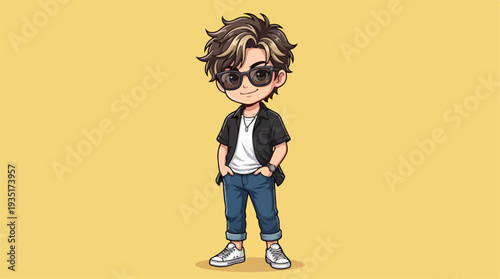 Chibi Style Cartoon Character with Sunglasses and Stylish Outfit.