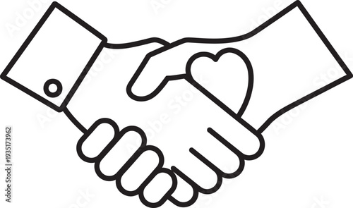 Two hands shaking with a heart symbolizing friendship and agreement.