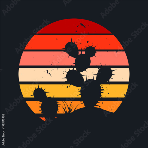 Grunge vintage sunset. Colorful striped sunrise badge in 80s and 90s style. Sun and ocean view, summer vibes, surfing. Design element for print, logo or t-shirt. Vector illustration