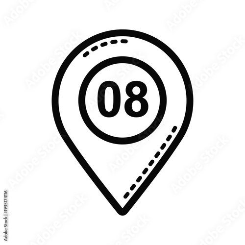Black and white location pinpoint icon with the number eight inside