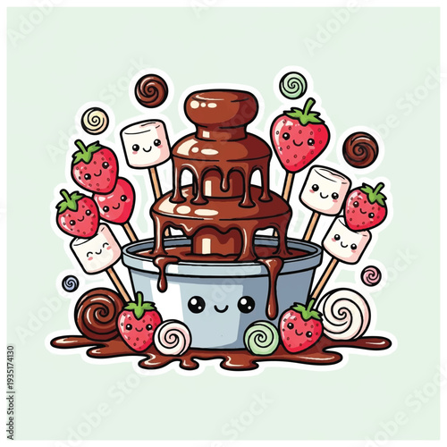 Chocolate Fountain with Marshmallows and Strawberries.