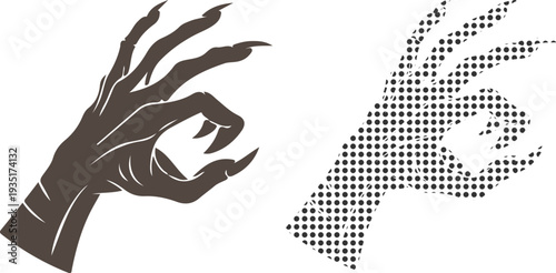 Two distinct graphic representations of a hand forming the universal OK sign, one stylized with claws and the other a pixelated, abstract interpretation.