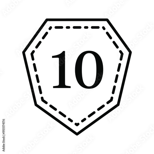 Hexagonal badge with the number ten inside a dashed outline