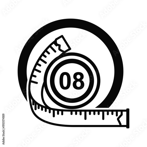 Black and white illustration of a circular measuring tape with the number 08 displayed