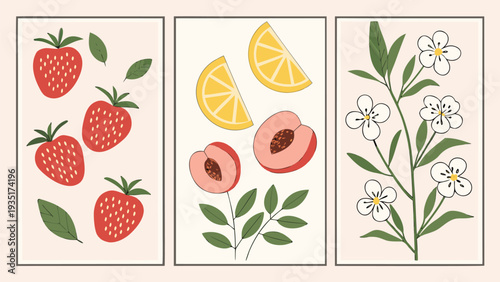 Vibrant illustrations of strawberries lemons peaches and flowers on a soft pink background