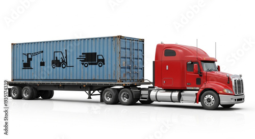 Red Semi Truck with Shipping Container.