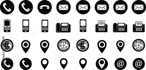 Set of Communication and Contact Icons Featuring Phones, Email, Location, Fax, and Global Symbols