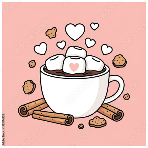 Cartoon Hot Chocolate with Marshmallows and Cookies.