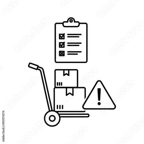 Warehouse pallet jack with checklist and caution sign indicating inventory management.