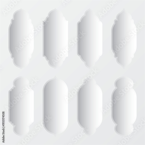 Islamic frames, oriental style objects. Arabic shapes, windows and arches with shadows. Traditional ornamental frame. Muslim holidays, Ramadan Kareem. Modern eastern architecture. Vector illustration