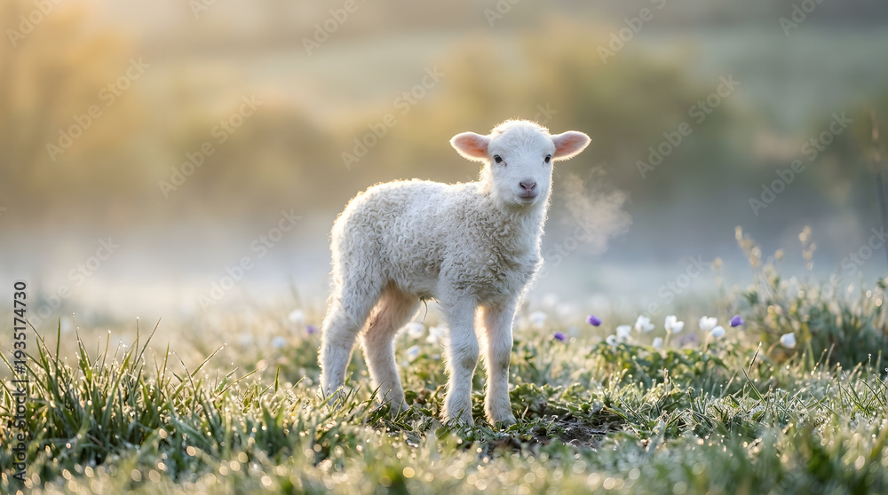 Obraz premium A fluffy newborn white lamb stands alone in a dewy spring meadow with wildflowers, bathed in soft golden morning mist.