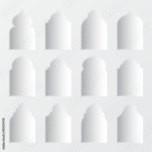Islamic frames, oriental style objects. Arabic shapes, windows and arches with shadows. Traditional ornamental frame. Muslim holidays, Ramadan Kareem. Modern eastern architecture. Vector illustration