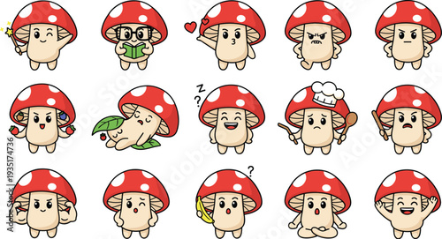 Cartoon illustration of fifteen expressive mushroom characters with red caps and white spots, symbolizing emotions, activities, personality, and playfulness.