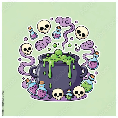 Witch Cauldron with Skulls and Potion Bottles.