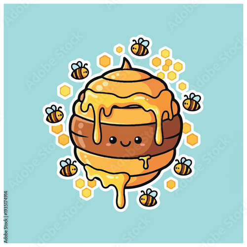 Honey Jar with Bees and Honeycomb.