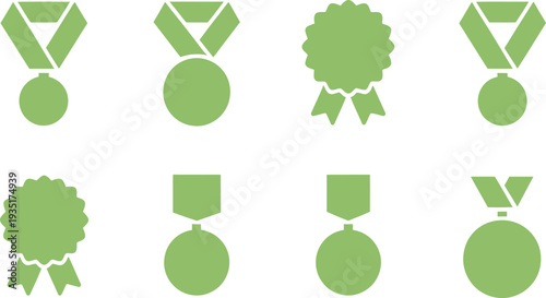 Collection of green medal icons in various shapes and designs