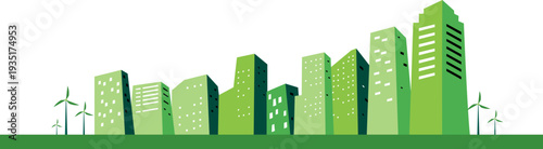 Green Eco City Skyline with Wind Turbines 