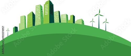 Green Eco City Skyline with Wind Turbines 