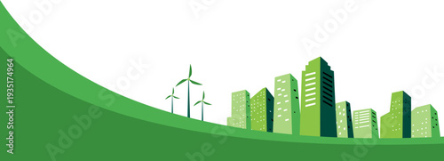 Green Eco City Skyline with Wind Turbines 