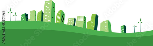 Green Eco City Skyline with Wind Turbines 