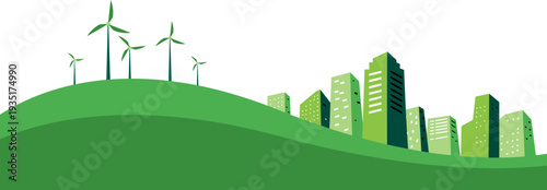 Green Eco City Skyline with Wind Turbines 