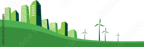 Green Eco City Skyline with Wind Turbines 