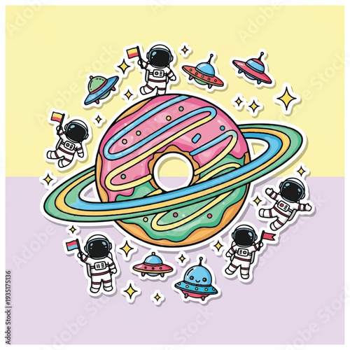 Astronauts Surrounding Cartoon Planet with Spaceships.