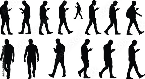 Black silhouettes of people walking and using smartphones while commuting isolated on white background for mobile technology and communication vector