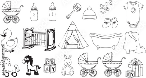 Black and white line of various baby line black and white nursery childcare baby carriage